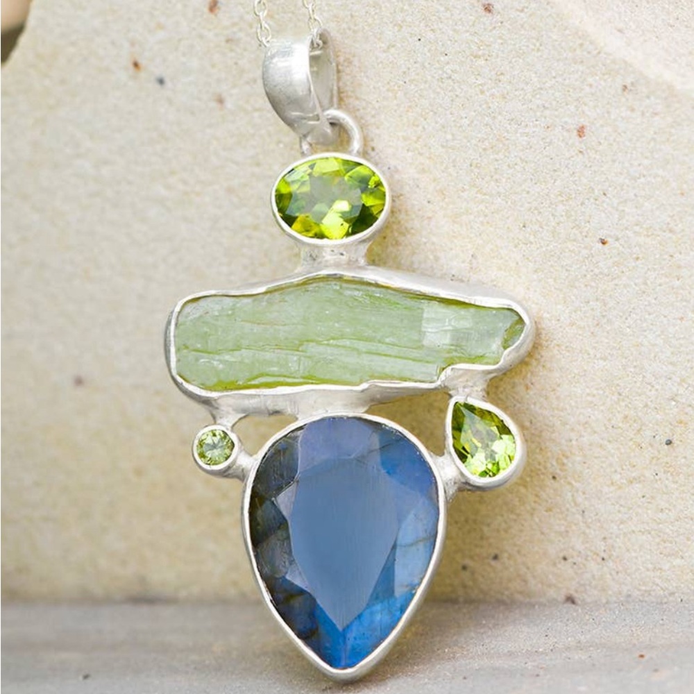 Labradorite and Multi Stone Pendant Necklace - Picture 1 of 6